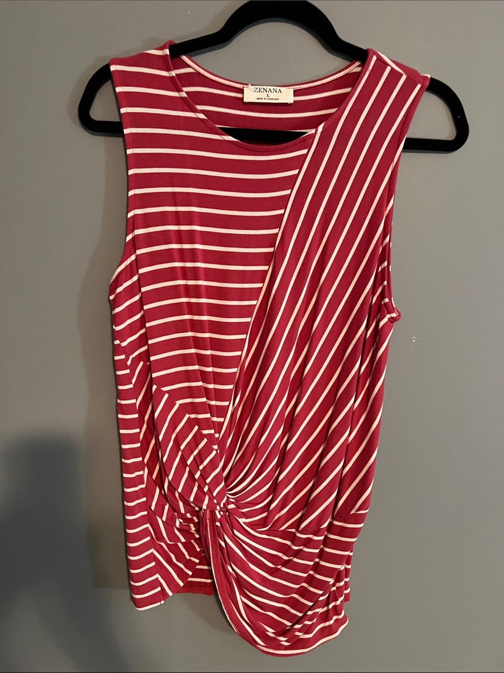 Zenana Outfitters Burgundy and White Striped Knot-Front Sleeveless Top